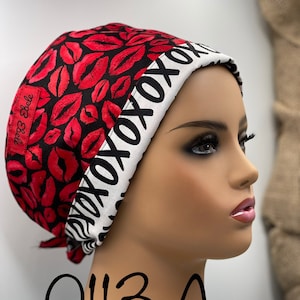 Kiss my …….. lips! Red hot lips, red hot kisses! Valentines scrub caps. Kiss and tell scrub caps.  Tie back.