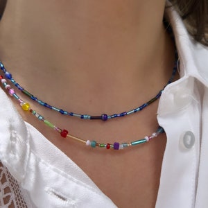 Collier court - choker - bleu - multicolores - réglable - doré - acier inoxydable