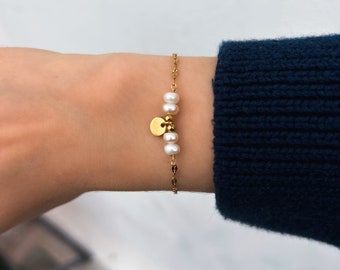 Bracelet - acier inoxydable - doré - perles d'eau douce - réglable - minimaliste