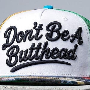 May include: A white trucker hat with the embroidered phrase "Don't Be A Butthead" in black script. The hat features a colorful brim, a green mesh back, and a blue button on top.