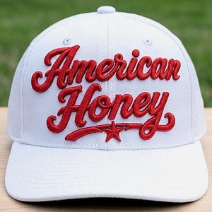Może przedstawiać: Biała czapka bejsbolowa z wyhaftowanym czerwonym napisem "American Honey". Czerwona gwiazda znajduje się pod słowem "Honey". Czapka ma zakrzywiony daszek i guzik na górze.