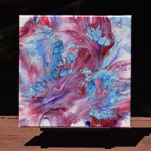 Abstract Acrylic Dutch Pour Painting: 12x12 Blue, Violet, Red and White