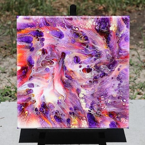 12x12 - Violet, magenta, red, white and hues of yellow acrylic pour painting (dutch pour)