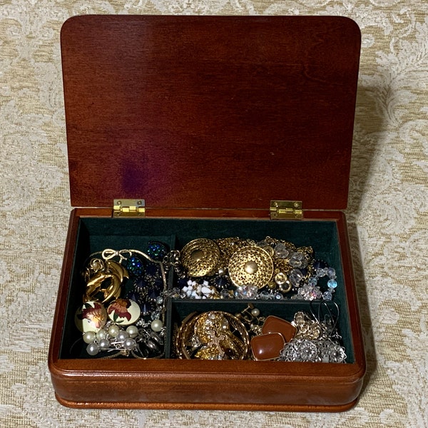 Vintage Wooden Jewelry Box filled with Vintage Costume Jewelry