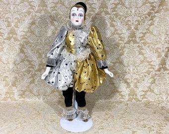 Big and Beautiful 1980s Porcelain Pierrot Jester Clown with Stand