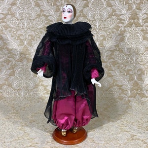 Rare French Pierrot Clown Doll Stunning in Black and Deep Pink
