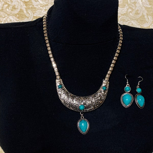 Silvertone Necklace and Pierced Earrings Set with Faux Turquoise settings