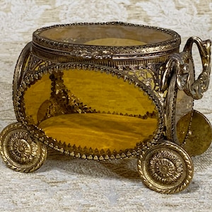 Ornate Mid-Century Modern Brass Cart with Amber Beveled Glass for Jewelry or Trinkets