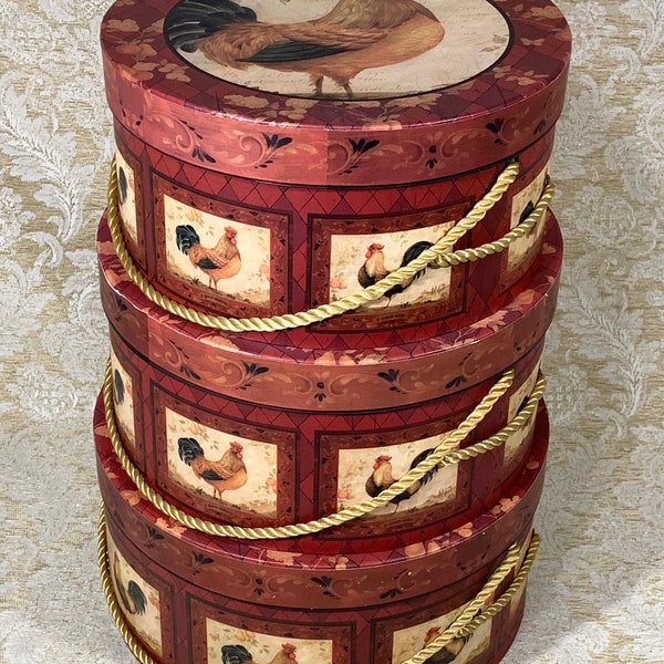 Vintage Set of 3 Rooster Nesting Hat Boxes