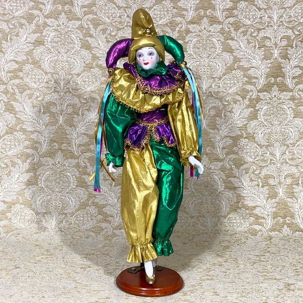 1980s Collectible Porcelain Jester Clown in Gold, Green, and Purple