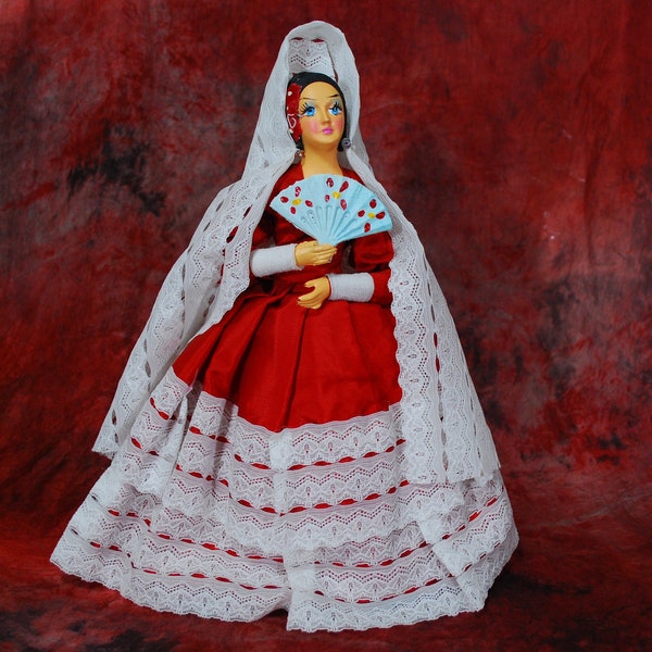 SOUVENIR DOLL from MEXICO. Hand painted face, fan, and hands. Satin dress with lace trimming and veil.