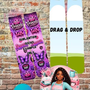 May include: A digital template for socks measuring 3.13 by 13.13 inches, featuring a pink and purple graphic design with crowns, butterflies, and the text Princess Y2K, alongside a blank drag and drop section and a circular brand logo.