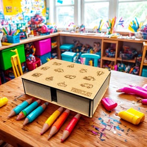 May include: A wooden box with a lid featuring engraved vehicle illustrations. The box is on a wooden table with colorful pencils and art supplies. The word "VEHICLES" is engraved on the box.