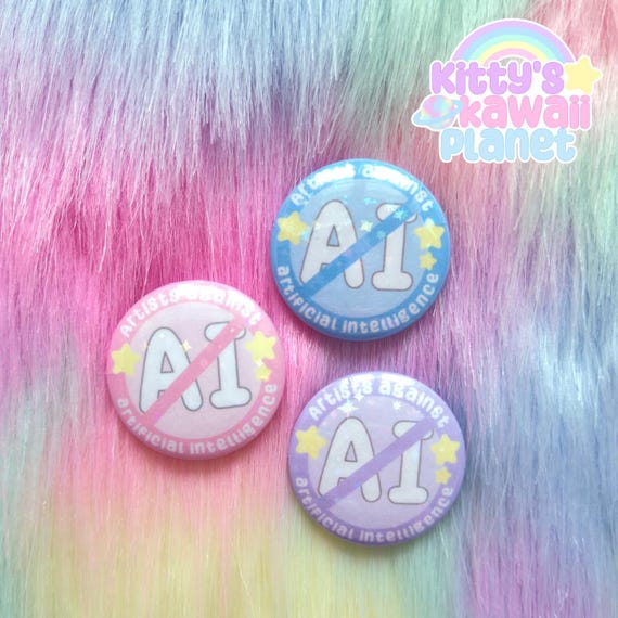 Artists against AI anti artificial intelligence small button 32mm statement badge sparkle holographic kawaii pastel