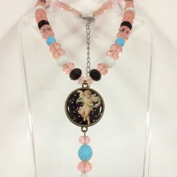 collier verre et cabochon rétro shabby saint valentin