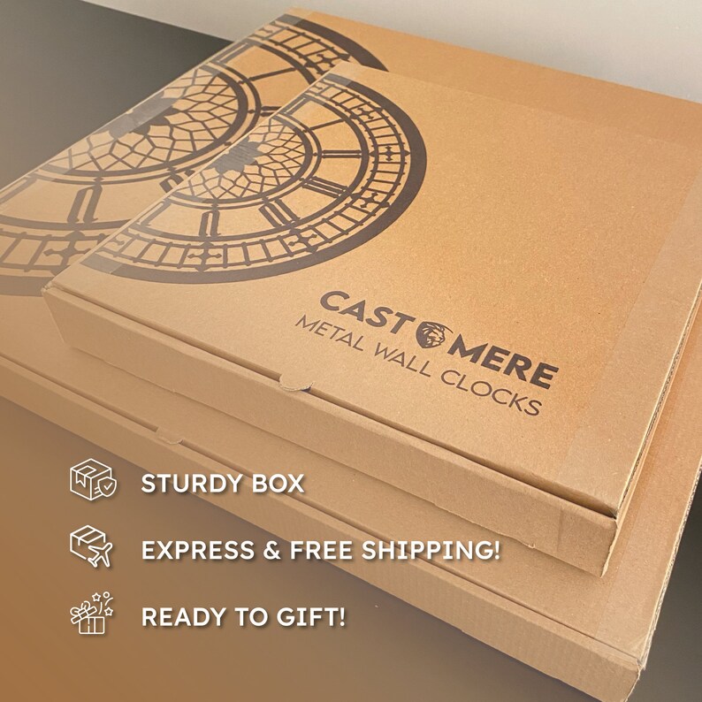 May include: Cardboard boxes stacked, featuring a Big Ben clock face design. The boxes are labeled "CAST MERE METAL WALL CLOCKS". The boxes are sturdy and ready to gift.