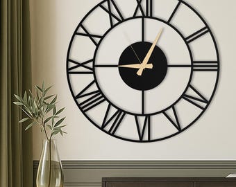 Grande horloge murale romaine minimale, horloge murale unique surdimensionnée, horloge murale silencieuse moderne pour salon