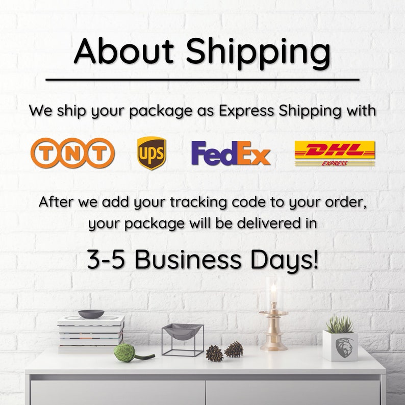 May include: Image of a white brick wall with the text "About Shipping" in black. The text "We ship your package as Express Shipping with" is below the heading. The logos for TNT, UPS, FedEx, and DHL are displayed below the text. The text "After we add your tracking code to your order, your package will be delivered in 3-5 Business Days!" is below the logos.