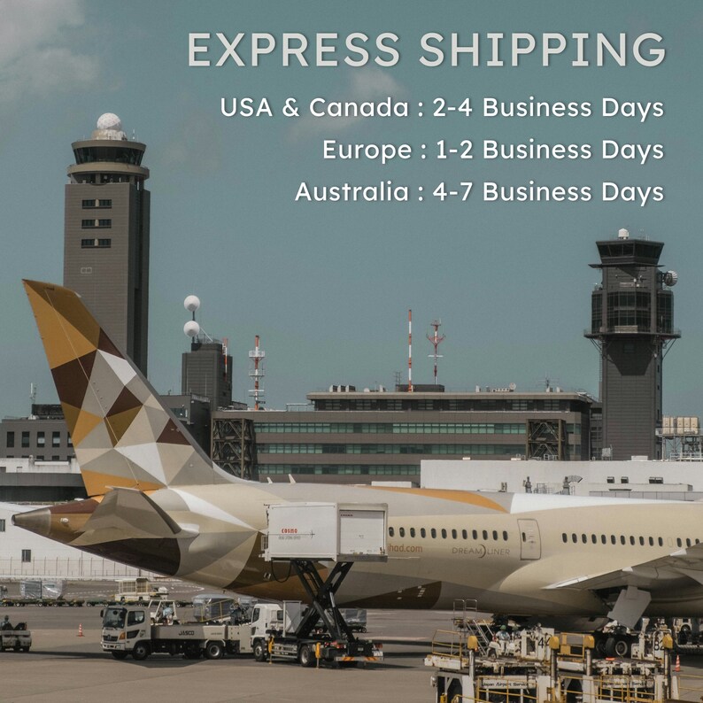 May include: An airplane on the tarmac with the text "EXPRESS SHIPPING". The text also includes shipping times for USA & Canada, Europe, and Australia. The plane has a geometric design on the tail.
