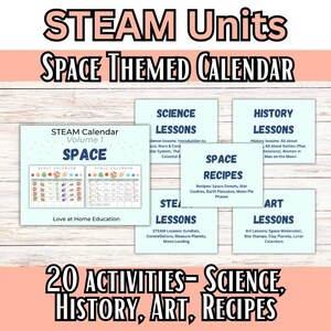 Könnte beinhalten: Ein Bildungsressource mit dem Titel "STEAM Units SPACE THEMED CALENDAR". Das Bild zeigt einen Kalender, Unterrichtspläne und Rezepte zum Thema Weltraum. Die Lektionen umfassen Naturwissenschaften, Geschichte, Kunst und Rezepte mit insgesamt 20 Aktivitäten.