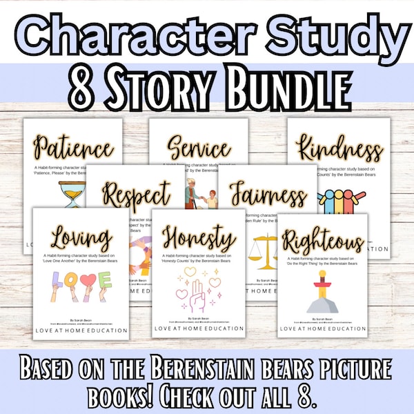 Bible based Character Study- 8 Story Bundle, Digital service activities, Writing and Bible study for homeschoolers, the Berenstain bears