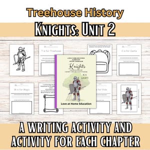 May include: A collection of educational materials for K-4 students. The image features a book titled "Knights" with a knight illustration, along with worksheets labeled "T is for Treehouse", "C is for Castle", and "M is for Magic". The text reads "A Writing Activity and Activity for Each Chapter".