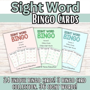 Paquete de bingo de palabras visuales: 3 juegos para preescolar y lectores principiantes: 24 cartones de bingo en total. Juego de aprendizaje imprimible.