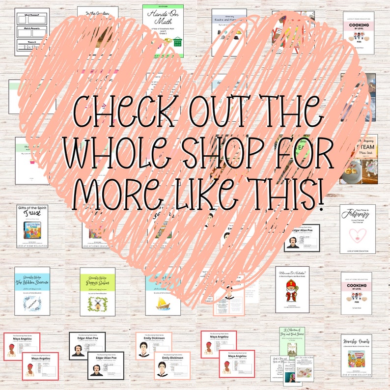 May include: A pink heart with the text "CHECK OUT THE WHOLE SHOP FOR MORE LIKE THIS!" on a white background with images of various printable educational resources.