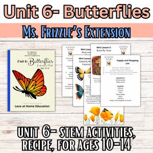 May include: Educational resources for ages 10-14, themed around butterflies. The image shows a workbook titled "Unit 6: Butterflies Extension Pack" with a colourful butterfly graphic, alongside lesson plans and a supply list. The text reads "Ms. Frizzle's Extension".