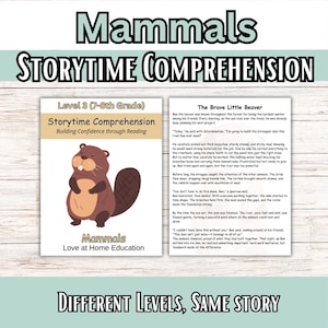 Könnte beinhalten: Lehrmaterial mit einer Geschichte über einen Biber, betitelt "Der tapfere kleine Biber". Das Cover zeigt einen Cartoon-Biber und den Text "Storytime Comprehension" und "Mammals". Der Text ist für die 7.-8. Klasse.