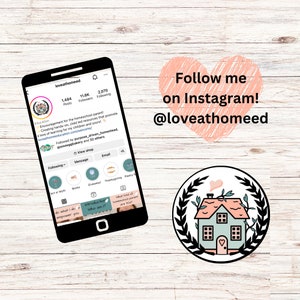 May include: A screenshot of an Instagram profile for @loveathomeed, a homeschooling resource account. The profile picture is a cartoon house with a heart on the door. The profile has 1,484 posts, 11.8K followers, and 2,070 following. The text "Follow me on Instagram! @loveathomeed" is written in a pink heart shape.