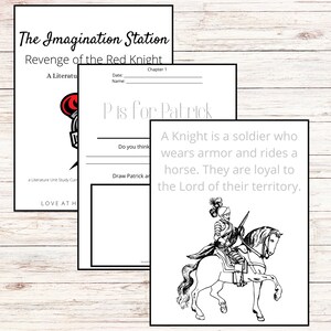 May include: Black and white illustration of a knight on horseback. The text reads "A Knight is a soldier who wears armor and rides a horse. They are loyal to the Lord of their territory."