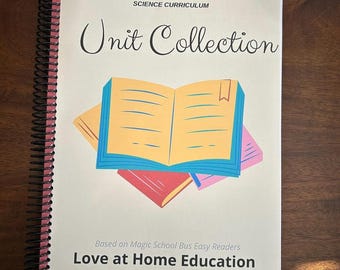 May include: A spiral bound book titled "Unit Collection" with a colourful illustration of a stack of books. The book is based on the Magic School Bus Easy Readers and is for Love at Home Education.