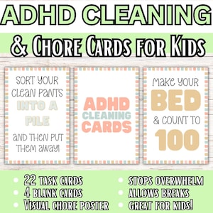 ADHD Cleaning & Chore Cards for Kids, Teens, Adults | Homeschool planning, chore cards, parent printables | Chore charts, Cleaning with ADHD