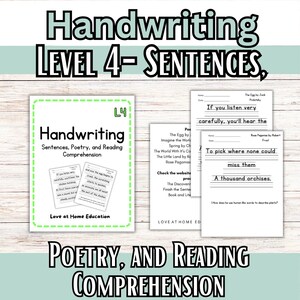May include: Educational materials for handwriting practice, level 4. The image shows worksheets with sentences, poetry, and reading comprehension exercises. The text includes "Handwriting," "Sentences, Poetry, and Reading Comprehension," and "Love at Home Education."