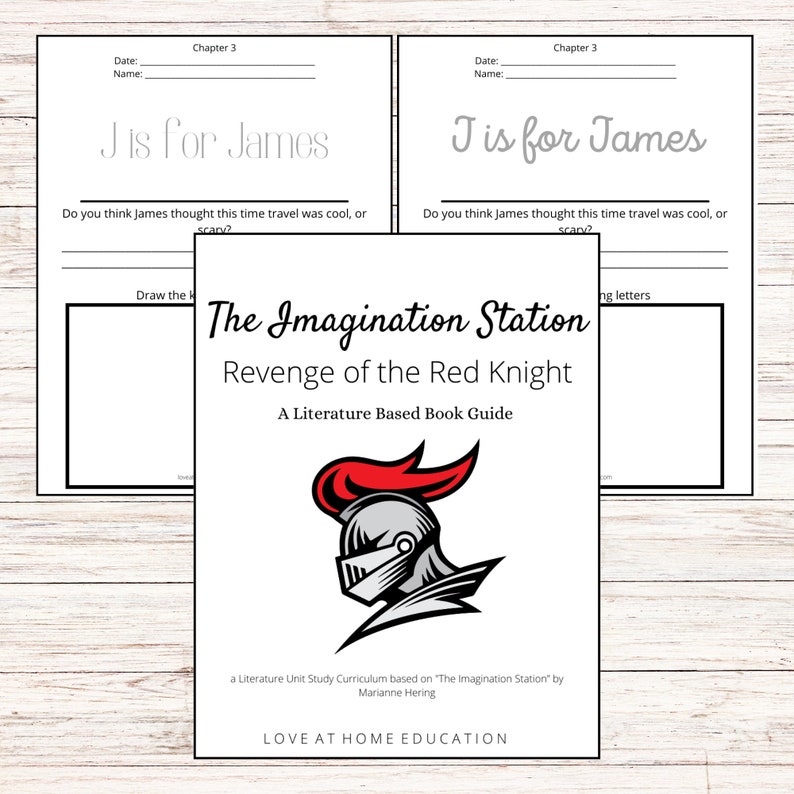 May include: A printable worksheet for a book study curriculum based on "The Imagination Station: Revenge of the Red Knight" by Marianne Hering. The worksheet features a knight in red and silver armor with a red plume on his helmet. The worksheet includes a title, "The Imagination Station: Revenge of the Red Knight", and the text "A Literature Based Book Guide".