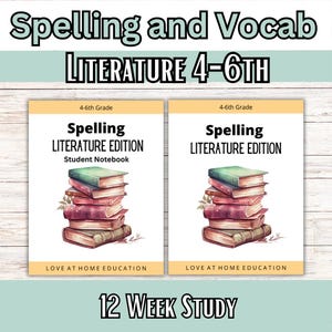 May include: Two educational notebooks titled "Spelling Literature Edition" for grades 4-6. Each notebook features a stack of books with green, red, and brown covers. The text "Spelling and Vocab" and "12 Week Study" are also visible.