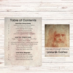 May include: Table of contents for a children's educational book series about Leonardo da Vinci. The table lists different levels of learning activities, including picture books, chapter books, and a biography. The cover image features a portrait of Leonardo da Vinci.