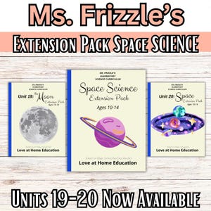 May include: Three educational curriculum booklets titled Ms. Frizzle's Extension Pack Space Science. The center booklet features a purple planet with rings, while the side booklets display the Moon and a colorful galaxy. Text includes Ages 10-14.