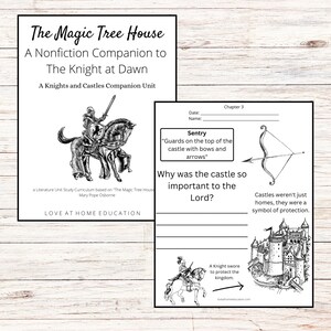 Puede incluir: Ilustración en blanco y negro de un caballero a caballo, un castillo y un arco y una flecha. El texto "Sentry" está escrito en un cuadro sobre el arco y la flecha. El texto "Why was the castle so important to the Lord?" está escrito debajo del arco y la flecha. El texto "Castles weren't just homes, they were a symbol of protection." está escrito debajo del castillo. El texto "A Knight swore to protect the kingdom." está escrito debajo del caballero a caballo. El texto "The Magic Tree House" está escrito en una fuente grande en la parte superior de la página.