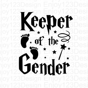 May include: Black and white graphic design with the text "Keeper of the Gender" in a stylized font. The design includes two footprints, a wand with a star, and a swirl.