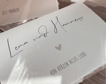 Carte pliante personnalisée "Wedding Beige Heart" - Ivoire/Anthracite/Beige avec un élégant bord frangé | différent. Motifs, format paysage DIN A6, enveloppe