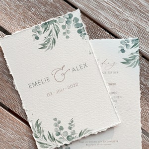 Hochzeitseinladung "Greenery" - im Format DINA6 mit edlem Büttenrand | Hochzeitseinladung, Watercolor, Greenery, Gold, Eucalyptus, Boho
