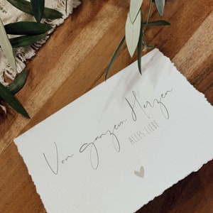 Biglietto pieghevole "Con tutto il cuore" - in formato orizzontale DIN A6 | Grigio scuro/tortora con elegante bordo frastagliato | cancelleria, matrimonio, fidanzamento, amore, coppia