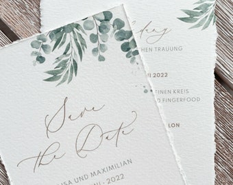 Save the Date Faire-part de mariage « Greenery » - au format DINA6 avec bord élégant | Bureau d’état civil, Aquarelle, Verdure Or, Eucalyptus, Boho