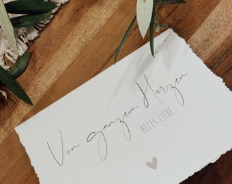 Biglietto pieghevole "Con tutto il cuore" - in formato orizzontale DIN A6 | Grigio scuro/tortora con elegante bordo frastagliato | cancelleria, matrimonio, fidanzamento, amore, coppia