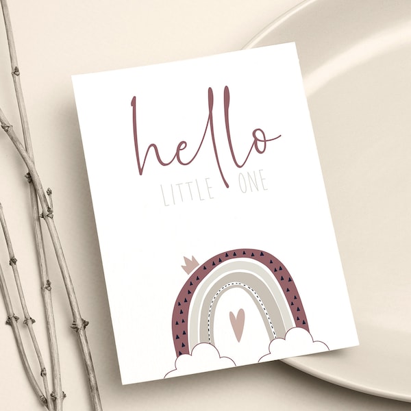 Postkarte "hello LITTLE ONE" mit süßem Regenbogen, Mädchen - im Format DIN A6 | Cassis/Rose/Beige | Grußkarte, Baby, Geburt, Taufe, Welcome