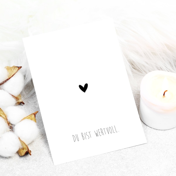 Postkarte "Du bist wertvoll." - im Format DIN A6 | Dunkelgrau/Weiß mit Herz | Grußkarte, kleine Aufmerksamkeit, tiefe Botschaft