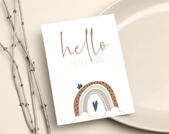 Postkarte "hello LITTLE ONE" mit süßem Regenbogen, Junge - Format DIN A6 | Braun/Beige/Azurblau | Grußkarte, Baby, Geburt, Taufe, Willkommen