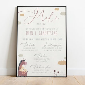 Meilensteintafel Mein 1. Geburtstag - Baby, Mädchen, Giraffe, Geburtstagsposter, personalisiert